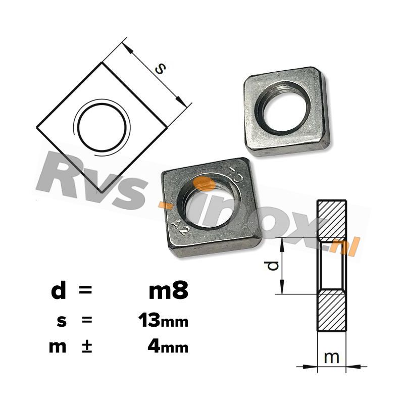 Rvs Vierkante Moer M8 DIN 562 A2 Rvs Inox Nl