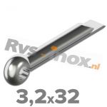 3,2x32mm | Rvs splitpen DIN 94 Roestvaststaal A2 | DIN 94 A2 3,2x32 Split pin