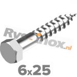 6x25mm | Rvs houtdraadbout ( deeldraad ) DIN 571 Roestvaststaal A2 | DIN 571 A2 6x25 Hexagon head wood screws