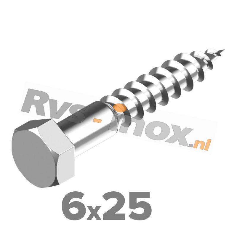 6x25mm | Rvs houtdraadbout ( deeldraad ) DIN 571 Roestvaststaal A2 | DIN 571 A2 6x25 Hexagon head wood screws