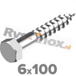 6x100mm | Rvs houtdraadbout ( deeldraad ) DIN 571 Roestvaststaal A2 | DIN 571 A2 6x100 Hexagon head wood screws