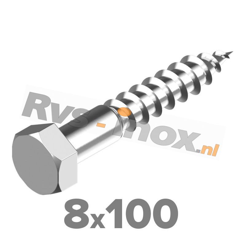 8x100mm | Rvs houtdraadbout ( deeldraad ) DIN 571 Roestvaststaal A2 | DIN 571 A2 8x100 Hexagon head wood screws