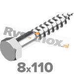 8x110mm | Rvs houtdraadbout ( deeldraad ) DIN 571 Roestvaststaal A2 | DIN 571 A2 8x110 Hexagon head wood screws