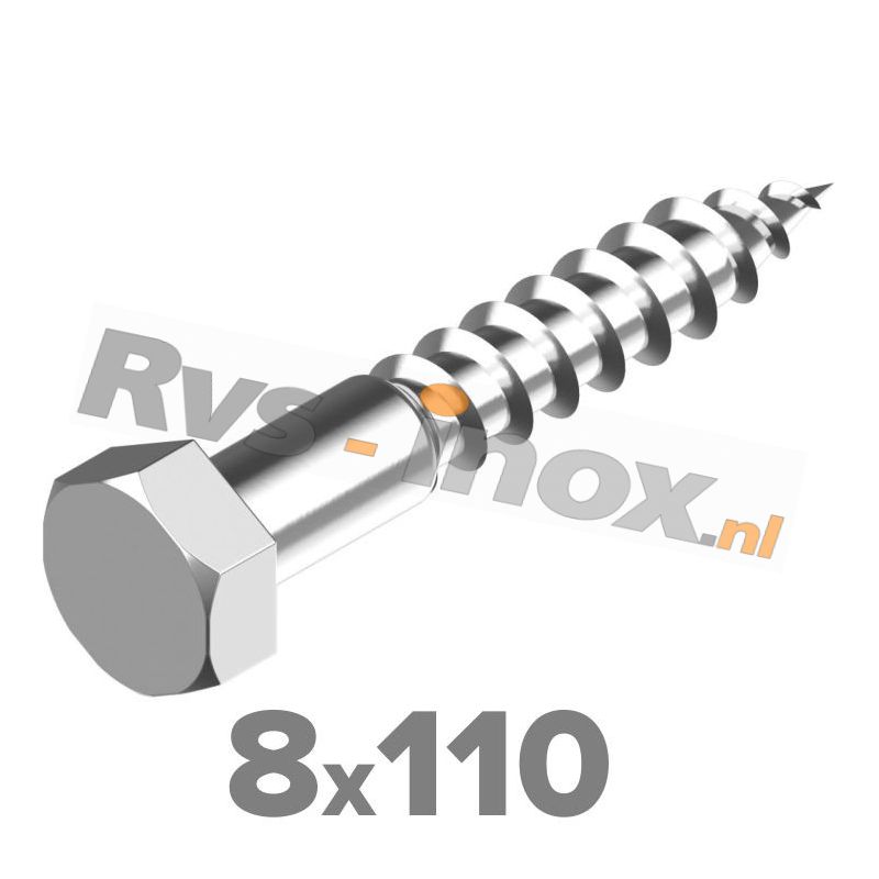 8x110mm | Rvs houtdraadbout ( deeldraad ) DIN 571 Roestvaststaal A2 | DIN 571 A2 8x110 Hexagon head wood screws