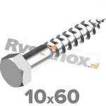 10x60mm | Rvs houtdraadbout ( deeldraad ) DIN 571 Roestvaststaal A2 | DIN 571 A2 10x60 Hexagon head wood screws
