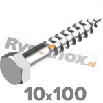 10x100mm | Rvs houtdraadbout ( deeldraad ) DIN 571 Roestvaststaal A2 | DIN 571 A2 10x100 Hexagon head wood screws