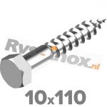 10x110mm | Rvs houtdraadbout ( deeldraad ) DIN 571 Roestvaststaal A2 | DIN 571 A2 10x110 Hexagon head wood screws