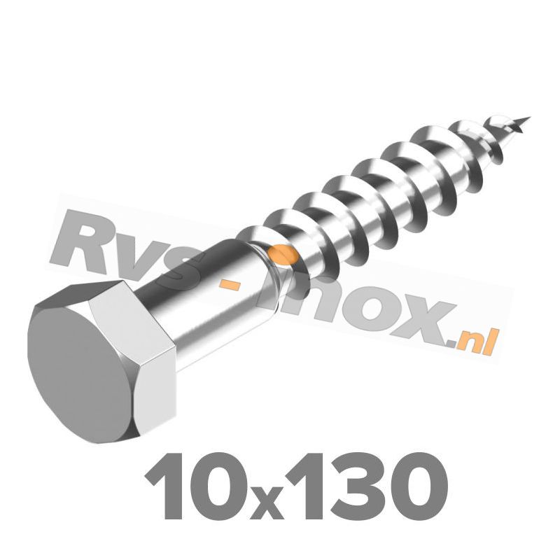 10x130mm | Rvs houtdraadbout ( deeldraad ) DIN 571 Roestvaststaal A2 | DIN 571 A2 10x130 Hexagon head wood screws