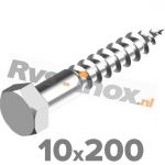 10x200mm | Rvs houtdraadbout ( deeldraad ) DIN 571 Roestvaststaal A2 | DIN 571 A2 10x200 Hexagon head wood screws