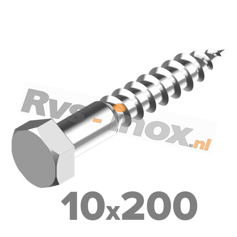 10x200mm | Rvs houtdraadbout ( deeldraad ) DIN 571 Roestvaststaal A2 | DIN 571 A2 10x200 Hexagon head wood screws