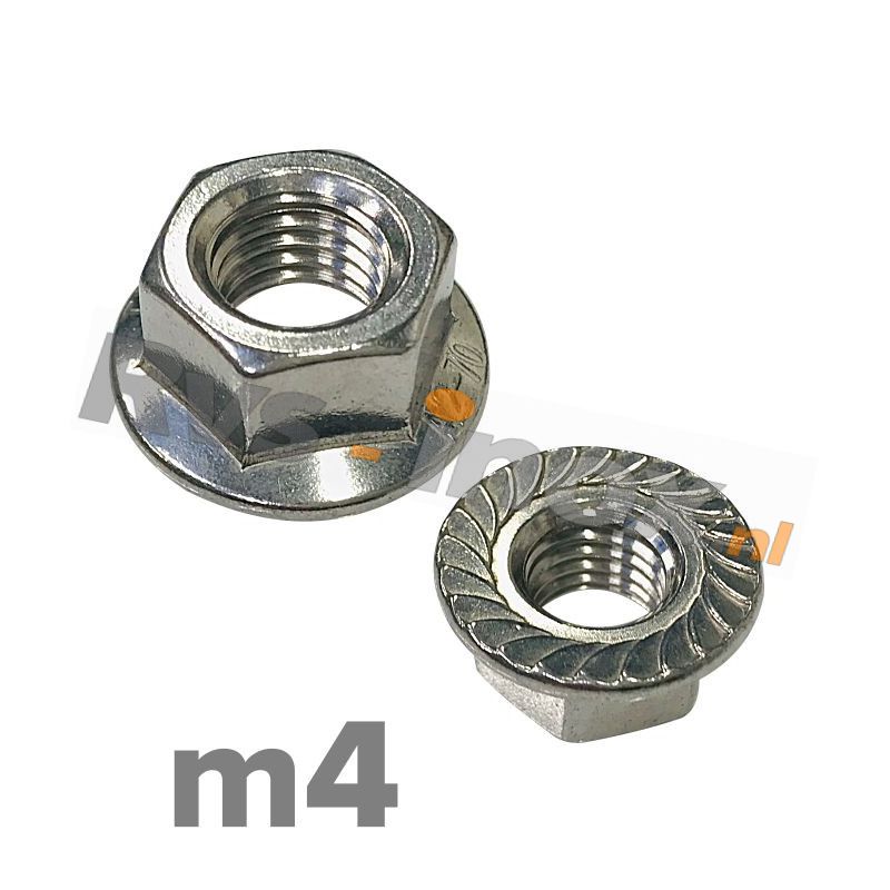 m4 | Rvs zeskantflensmoer met vertanding DIN 6923 Roestvaststaal A2 | DIN 6923 A2 M 4 Hexagon flange nut with serration