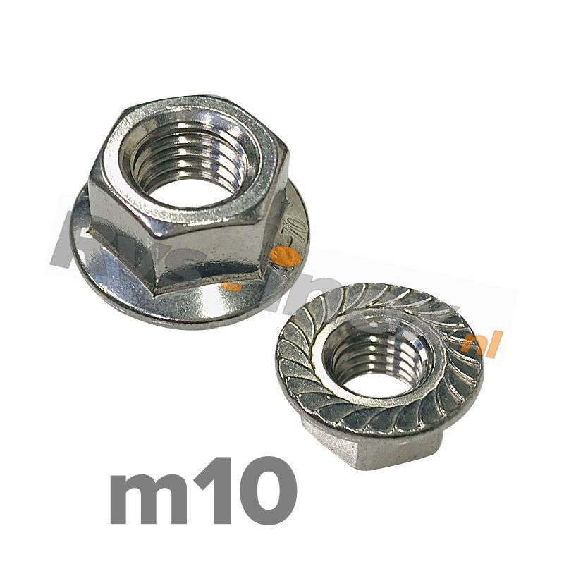 m10 | Rvs zeskantflensmoer met vertanding DIN 6923 Roestvaststaal A2 | DIN 6923 A2 M 10 Hexagon flange nut with serration