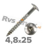 4,8x25mm | Rvs houtschroef  torx ( deeldraad ) Art. 9086 Roestvaststaal A2 | Art. 9086 A2 4,8x25 Truss head wood screws