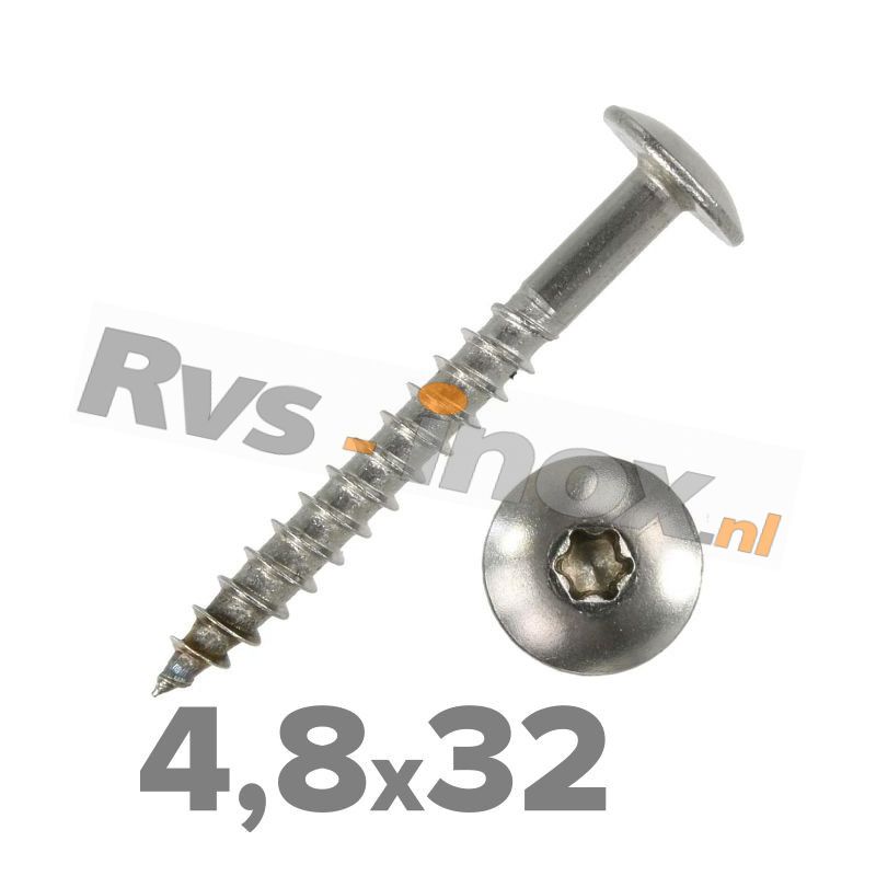 4,8x32mm | Rvs houtschroef  torx ( deeldraad ) Art. 9086 Roestvaststaal A2 | Art. 9086 A2 4,8x32 Truss head wood screws
